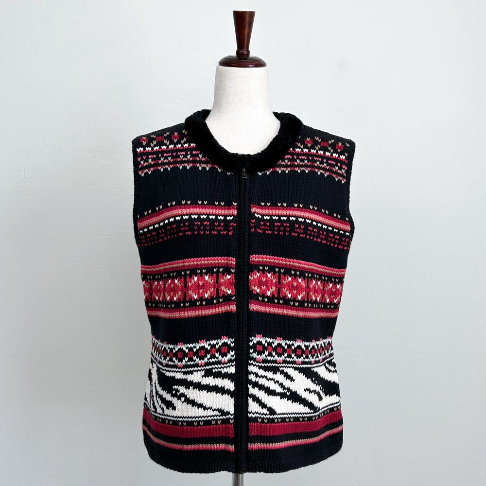 Vintage Fair Isle Nordic Faux Fur Sweater Knit Sleeveless Zip-Up Vest LARGE